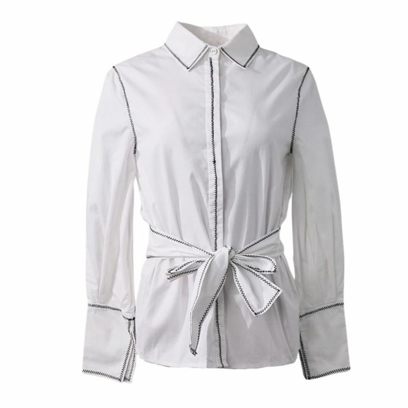 C/MEO NWT Long Sleeve Belted Button Up White Contemporary Business Blouse Top - Picture 1 of 9